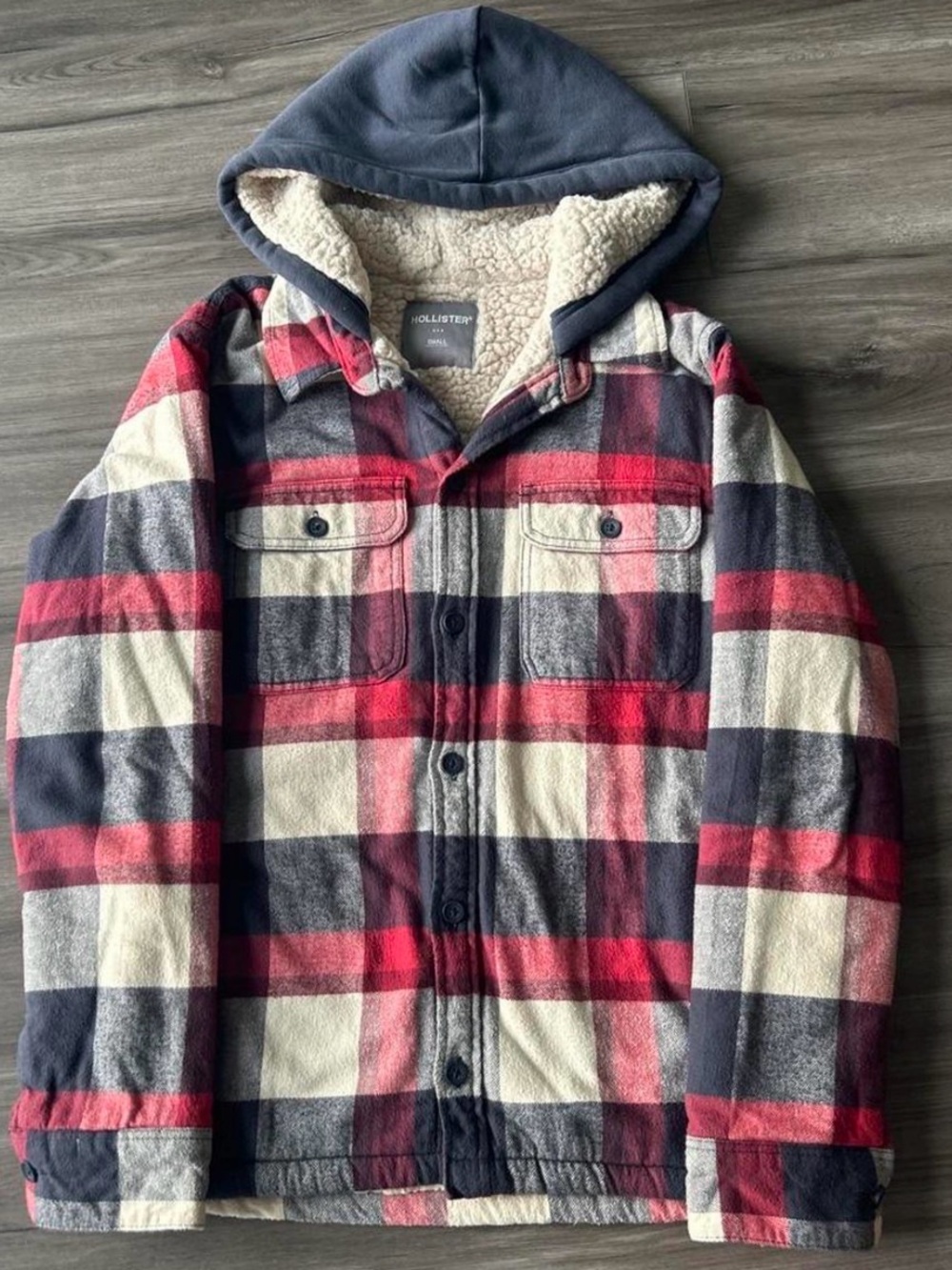 Hollister Red Navy Cream Plaid Sherpa-Lined Hooded Shirt Jacket